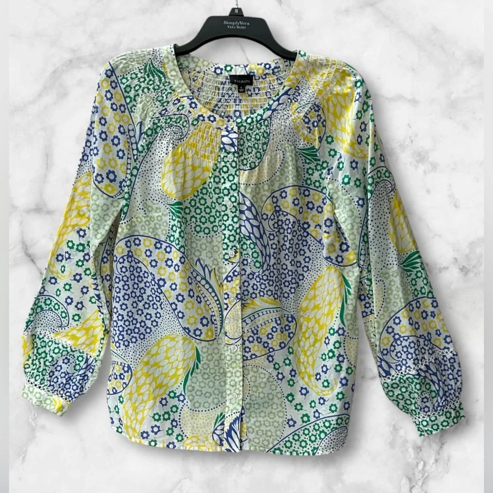 Talbots Smocked Peasant Blouse Button Up Crochet Accents Green Blue Yellow Sz S - Picture 2 of 10
